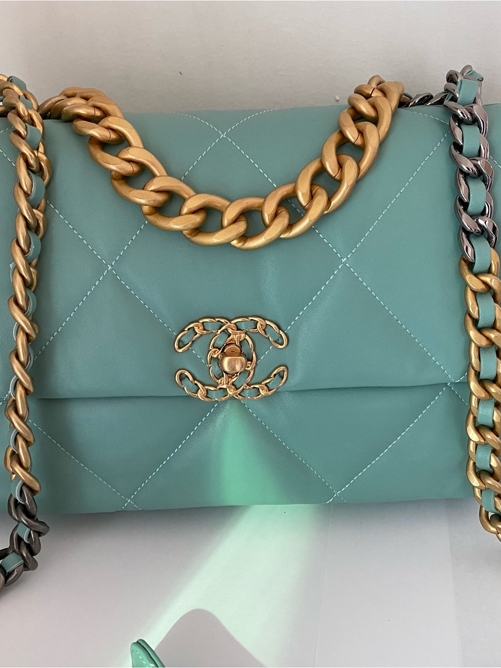 C 19 Bag Turquoise Quilted Leather Shoulder Bag with Gold silver Chain